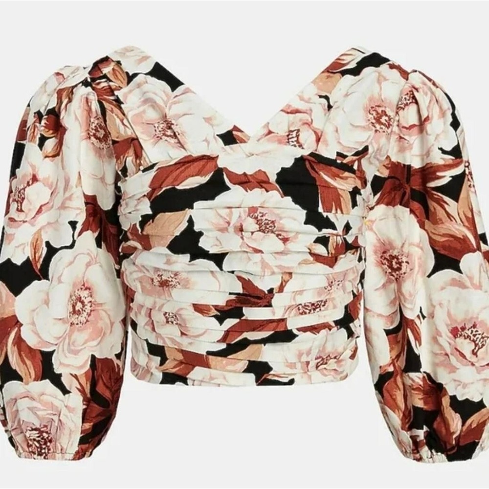 Express Blouse Top Women XS Cropped Stretch 08658639 Brown Floral Balloon Sleeve